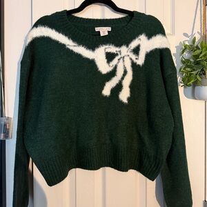 Dark Green Sweater with White Bow Accent